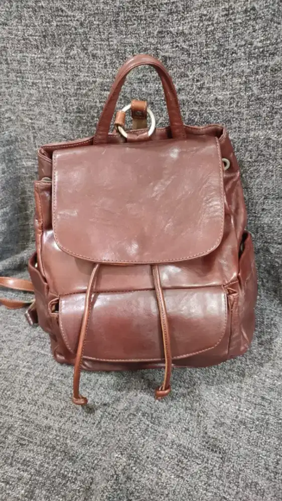 Preloved Tas Kulit Asli, No Brand, Ransel Serut, Good Condition