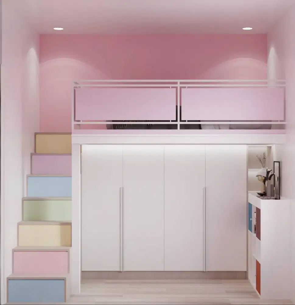 Kamar Anak Mezzanine Pink Cewek Thematic Lucu Tingkat Loft Interior
