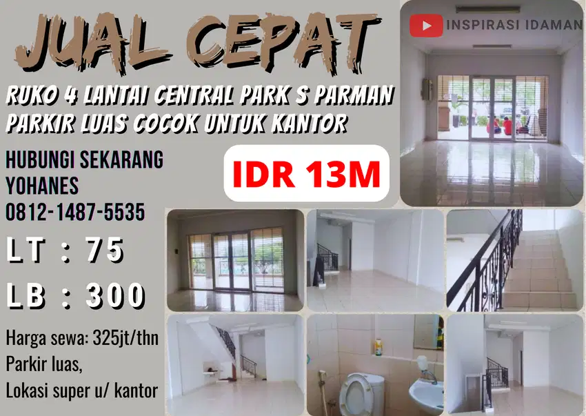 Ruko 4 Lantai Central Park S Parman Parkir Luas Cocok Untuk Kantor