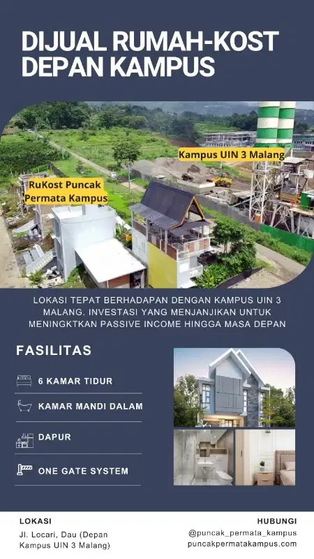 dijual rumah kos eksklusif depan kampus UIN 6 KAMAR