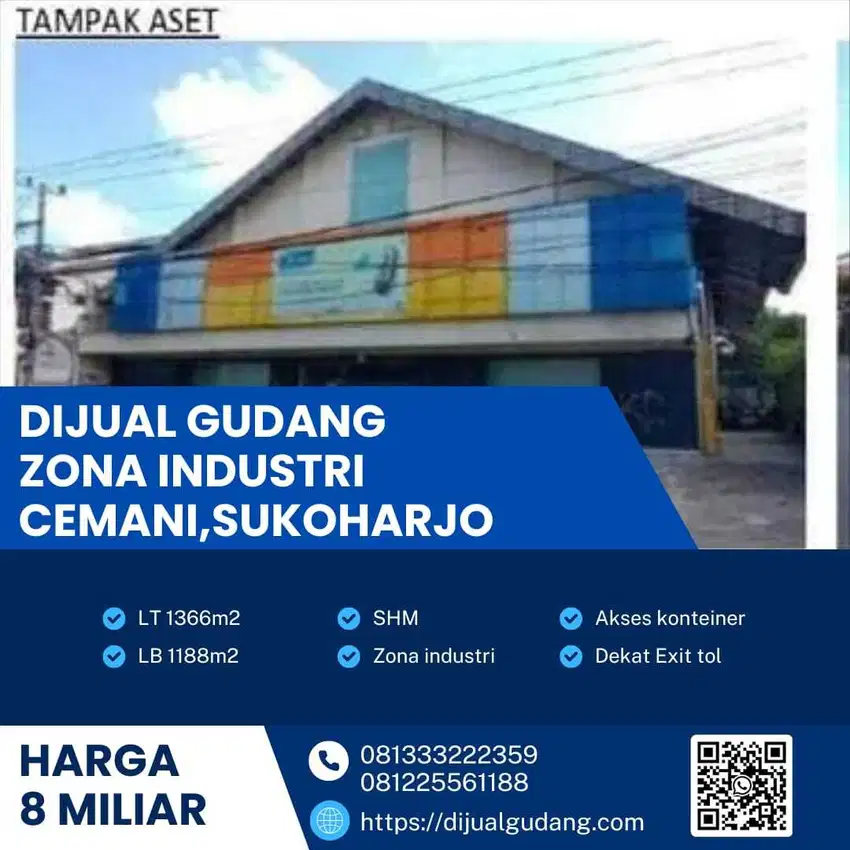 Dijual Gudang Strategis di Cemani 1366m², Dekat Tol, SHM, Harga 8M