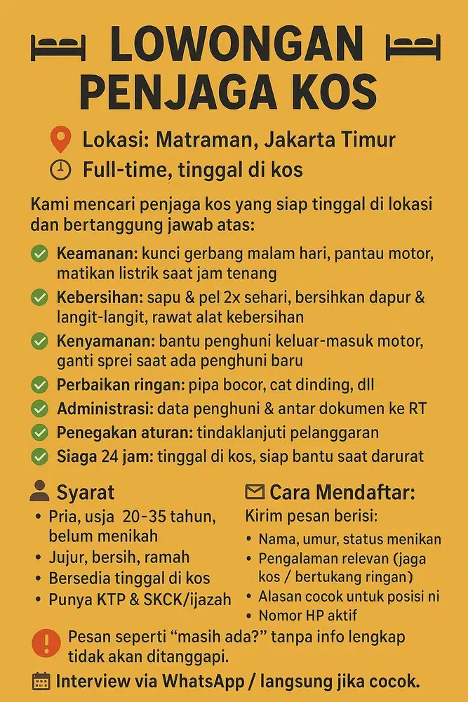 Mencari Penjaga Kost Jujur, Amanah & Rajin di Jakarta