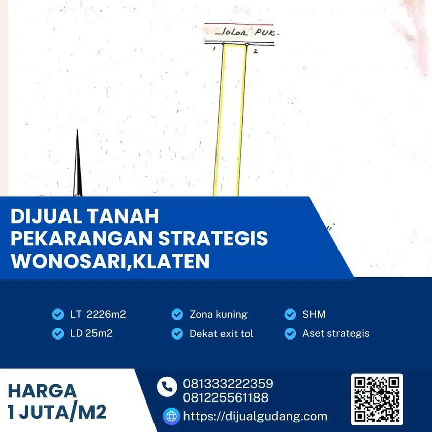 Tanah Pekarangan Strategis di Klaten, 2226m² Lebar 20m – BU