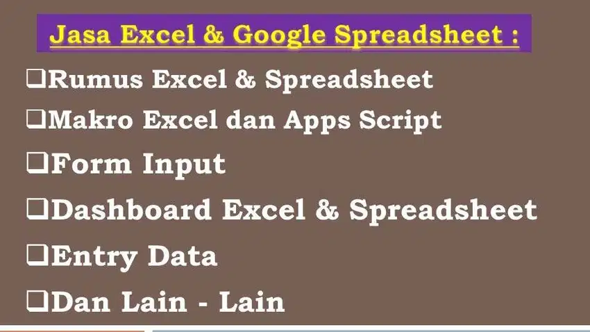 Jasa Excel, Spreadsheet, Dashboard, Kursus Google Sheets, Google Form