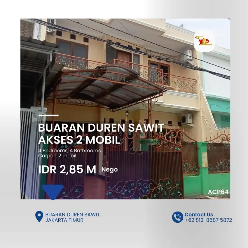 BUARAN RUMAH 2 LT DLMKOMPLEK AKSES 2 MOBIL LUAS 170 BEBAS BANJIR ACP64