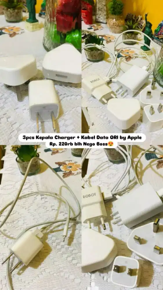 3pcs Kepala Charger + Kabel Data Charger ORI by Apple for iPhone-iPad
