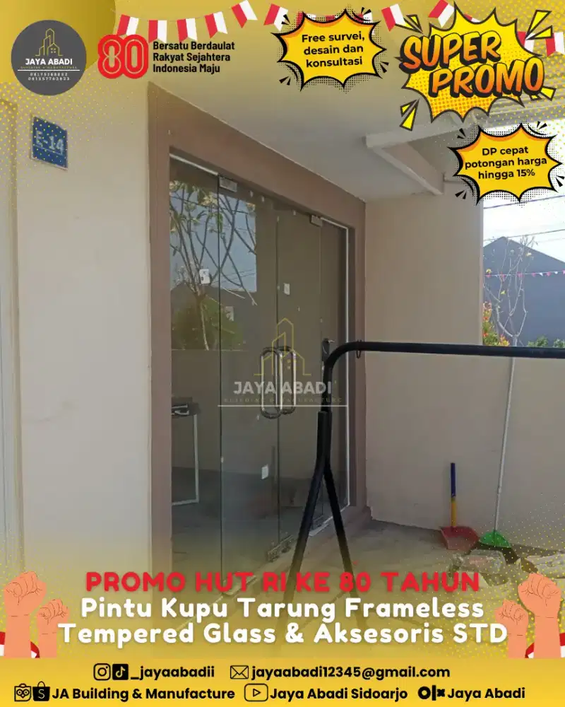 Pintu Kupu Tarung Kaca Frameless Modern - PROMO SPESIAL HUT RI ke-80!