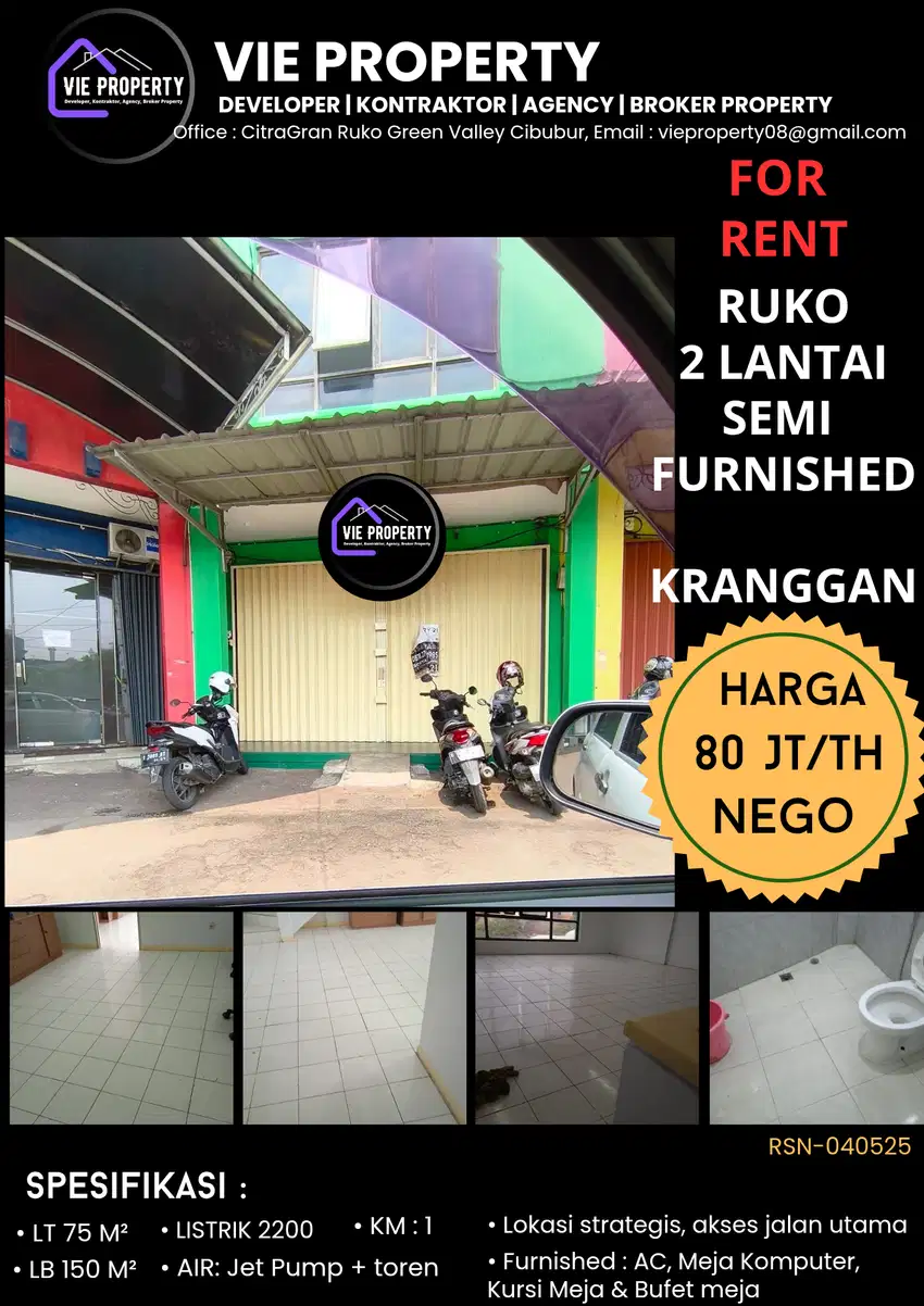 DISEWAKAN MURAH, RUKO SIAP HUNI, STRATEGIS DEPAN JALAN UMUM KRANGGAN