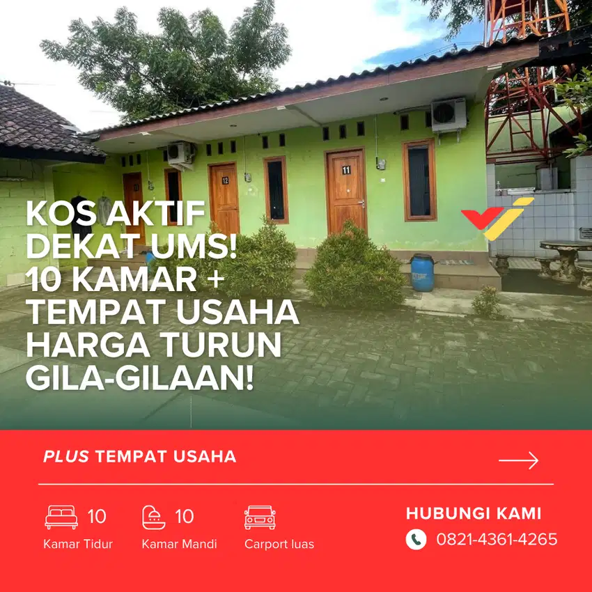 Dijual Cepat! Kos Aktif 10 Kamar Dekat UMS Solo, Bonus Tempat Usaha
