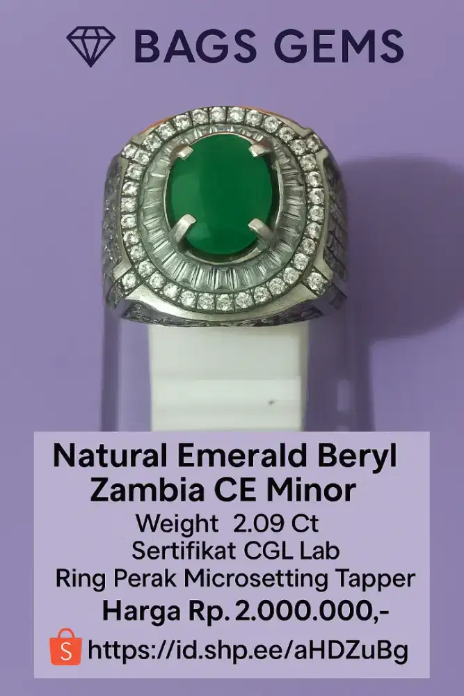 Natural Emerald Beryl Zambia CE-Minor Ring Perak Microsetting Tapper