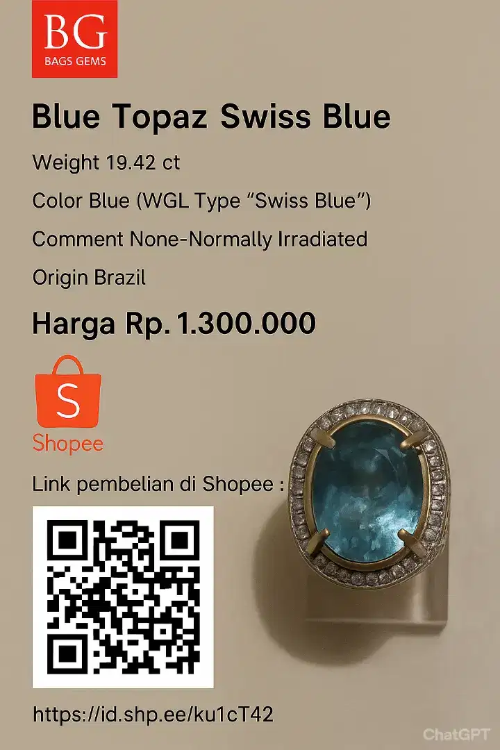 Natural Blue Topaz Swiss Blue Ring Perak Microsetting Tapper
