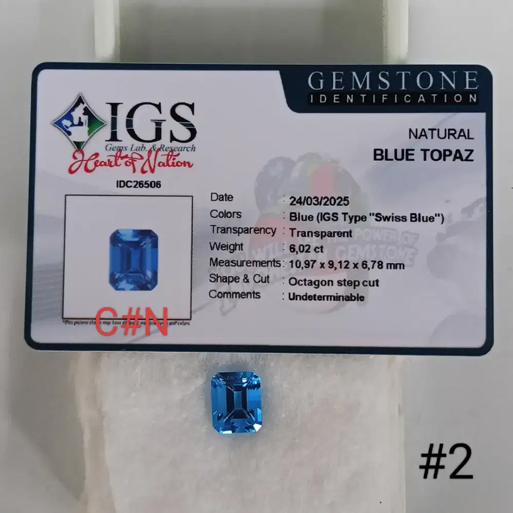 Batu permata natural blue topaz. Gem id card IGS
