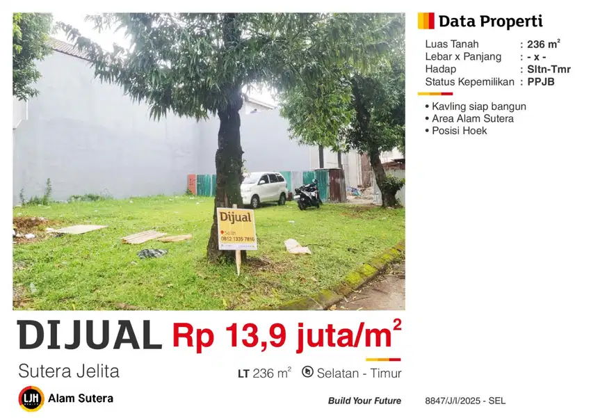 Dijual Kavling Siap Bangun Hoek di Sutera Jelita Alam Sutera