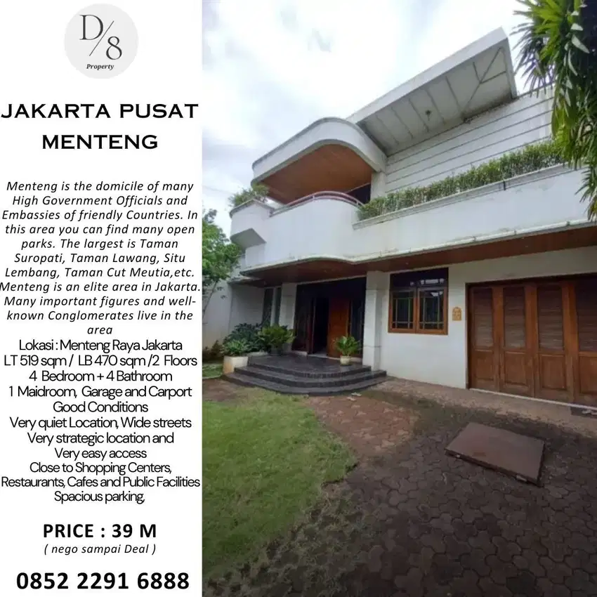 Jual RUMAH MENTENG, Jakarta Pusat, Nyaman, Asri, 519sqm, Fast Sale 39M