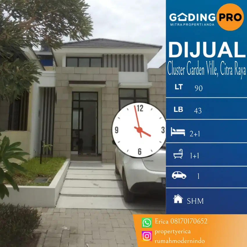 Dijual/disewa Rumah 1 lt 2+1kt Cluster Garden Ville, Citra Raya