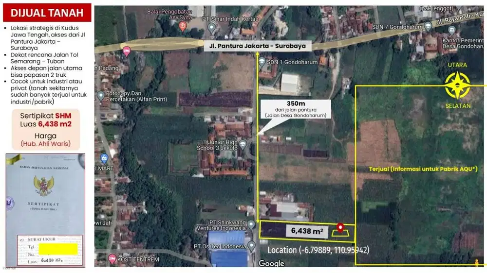 DIJUAL TANAH 2 LOKASI  UNTUK INDUSTRI/PABRIK/INVESTASI PINGGIR PANTURA