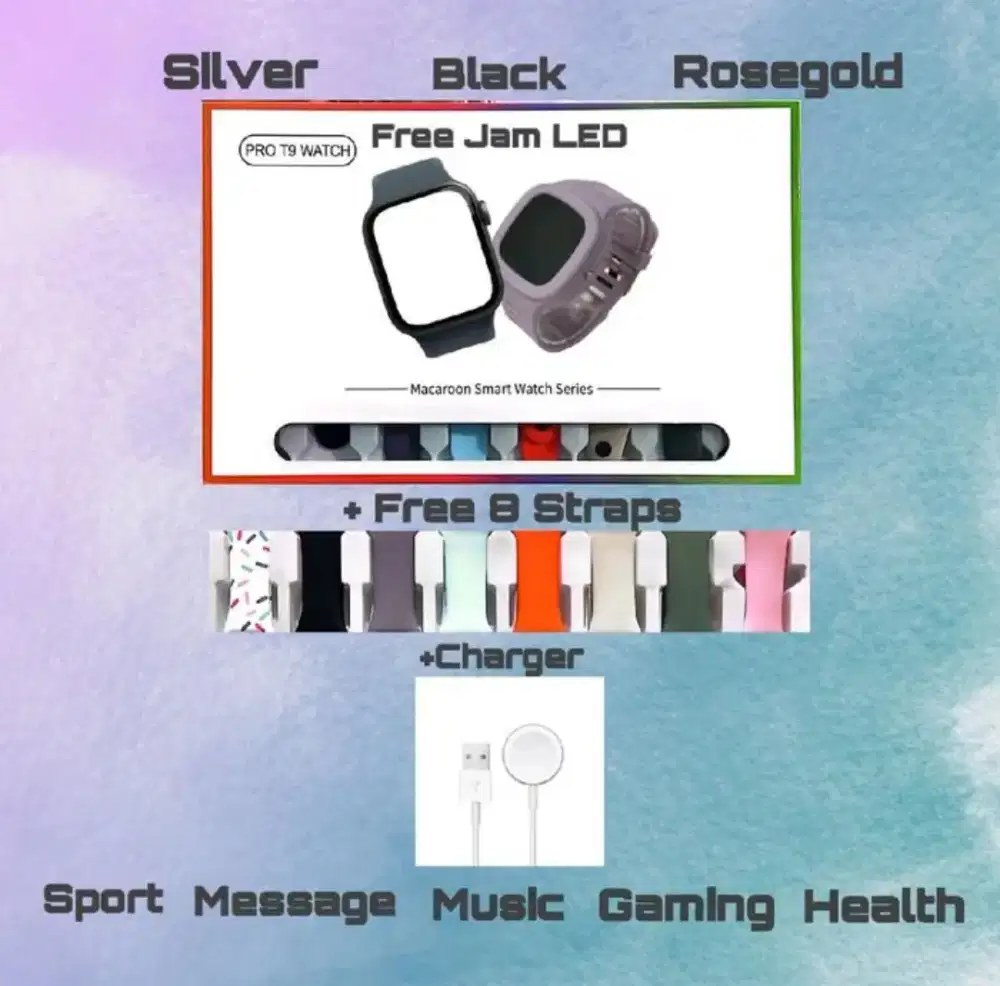 Smartwatch Pro T9, Paket lengkap 8 tali