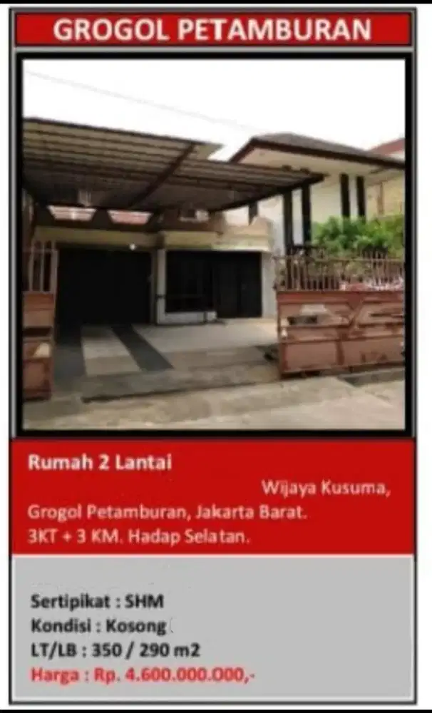 Dijual Rumah Jelambar Wijaya Kusuma