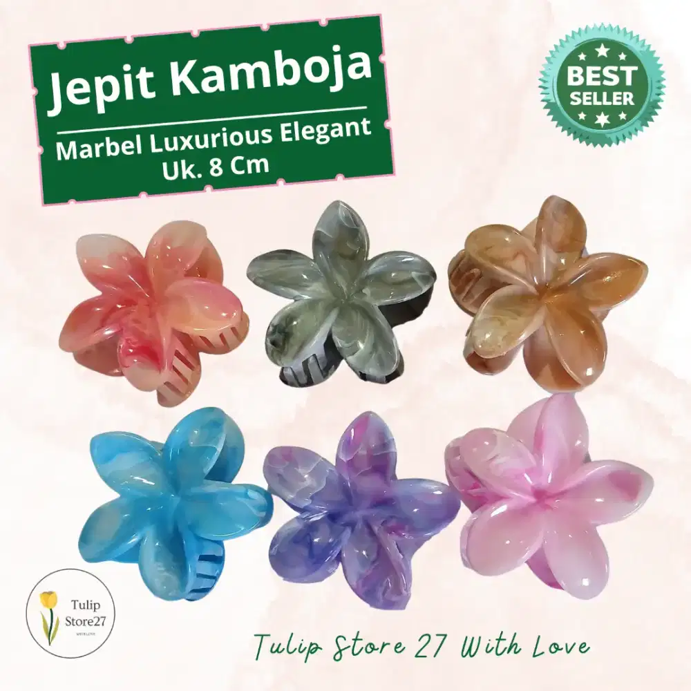 Jepit rambut kamboja 8 cm marbel marmer mewah Elegan berkilau anak