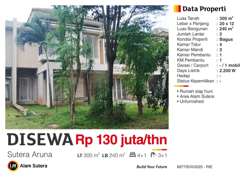 Disewakan Rumah Unfurnished  Bagus di Sutera Aruna Alam Sutera