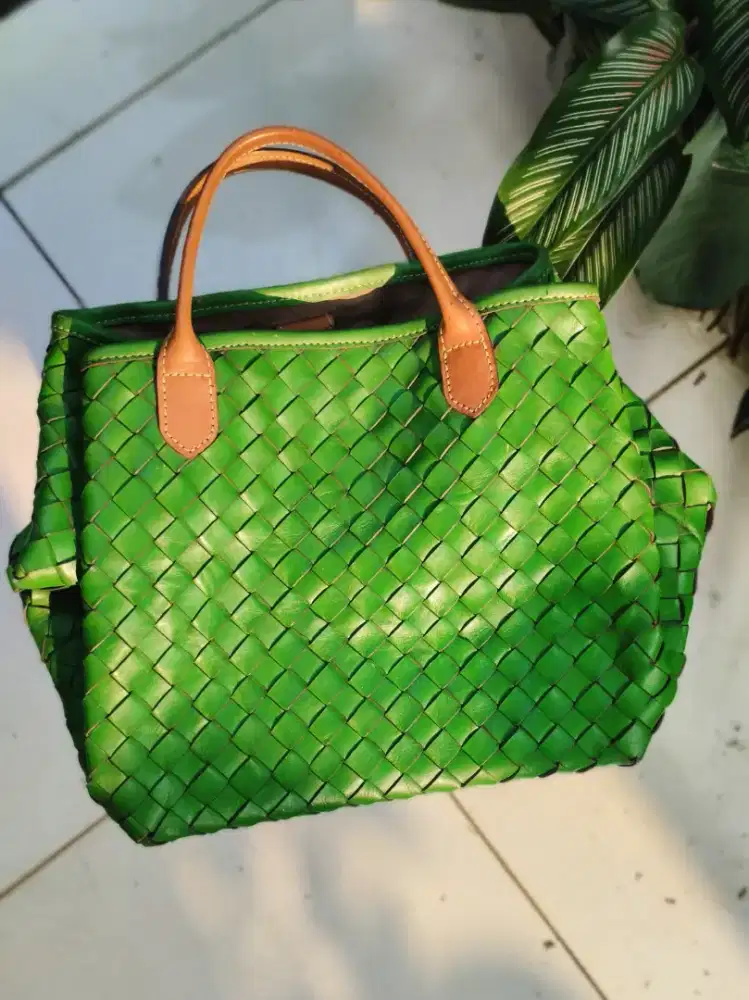 Preloved Tas Tangan Kulit Anyaman Warna Hijau Cerah | Handmade