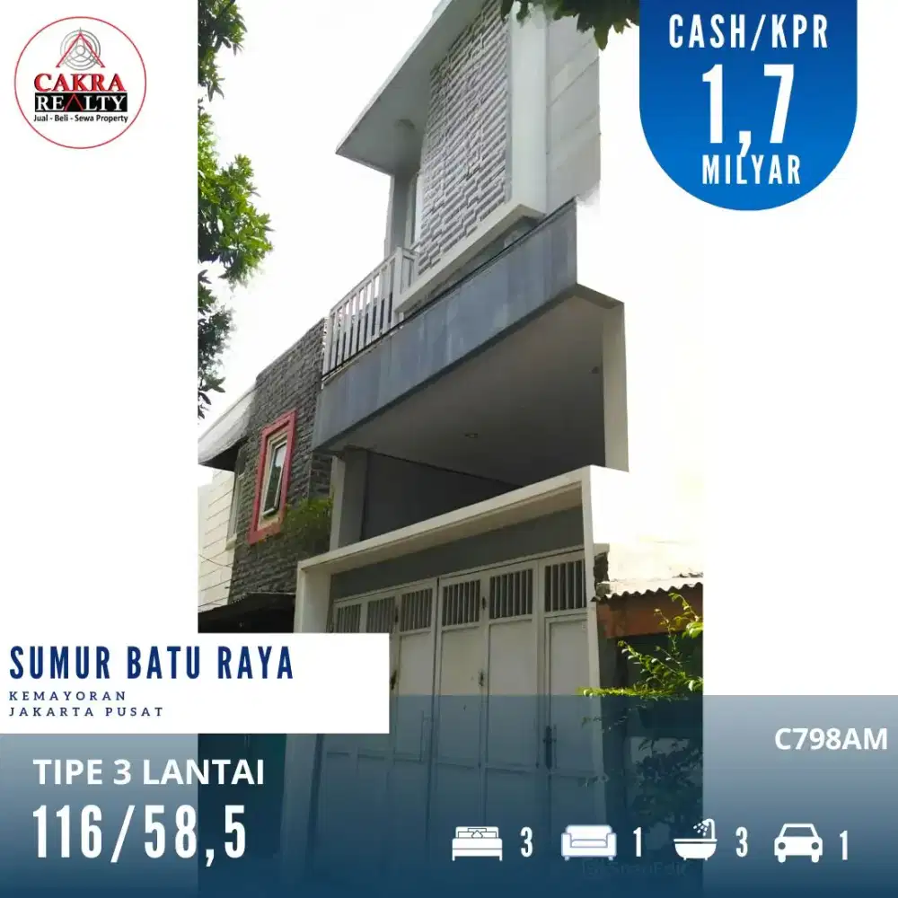 Dijual Rumah 3 Lantai di Sumur Batu, Kemayoran, Jakarta Pusat