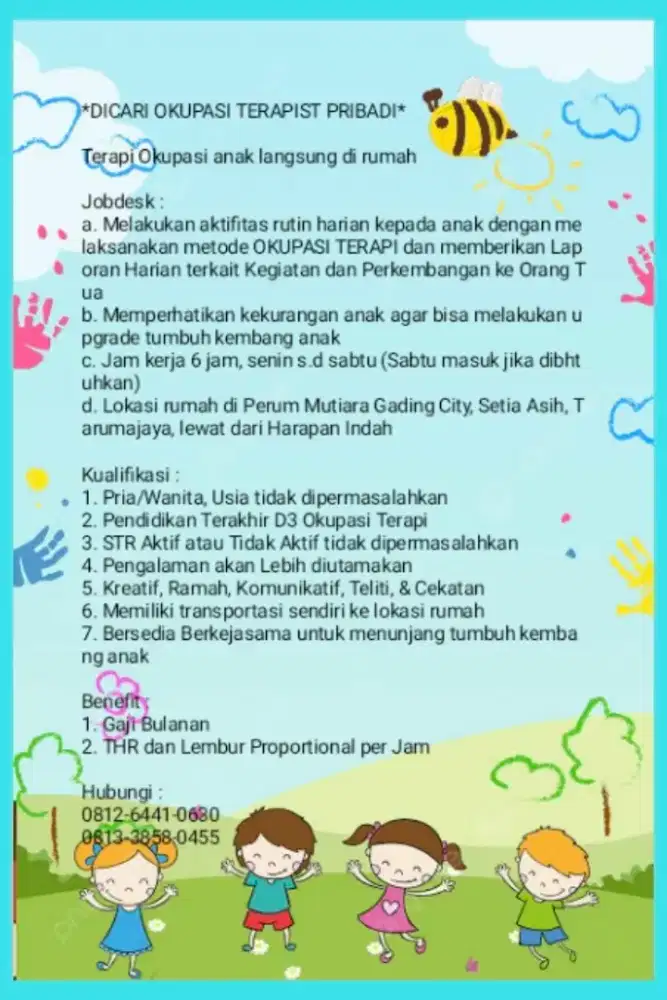 DICARI TERAPIST OKUPASI ANAK PRIBADI