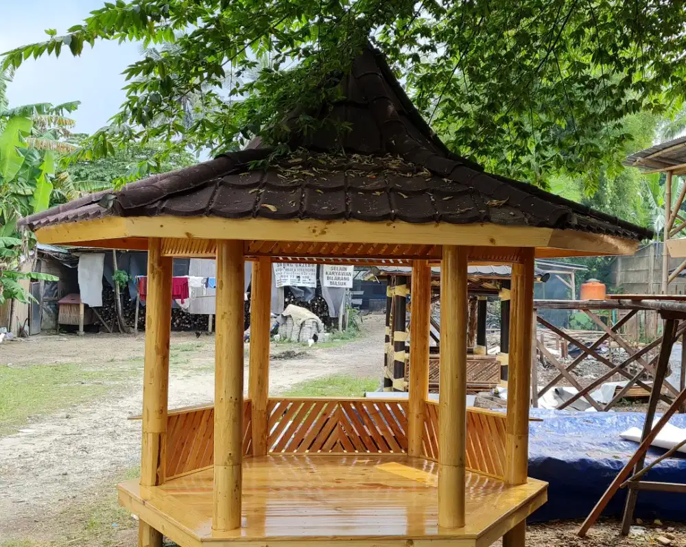 Saung gazebo kayu artistik minimalis villa cottage pondok asri bambu
