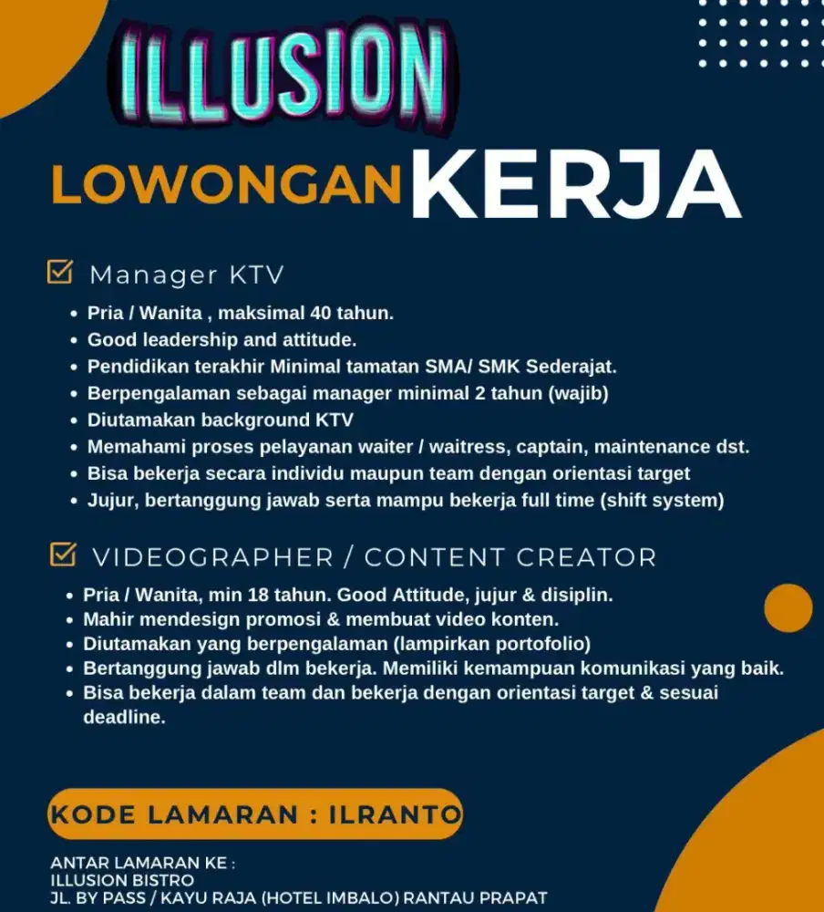 Dibutuhkan segera manager club ktv dan videographer untuk men spa