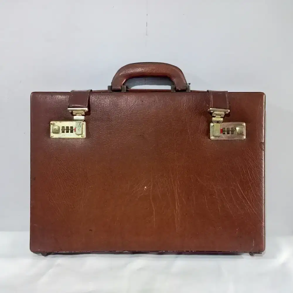 Vintage Brown Leather Slim Suitcase • Tas Koper Tangan Coklat Hardcase