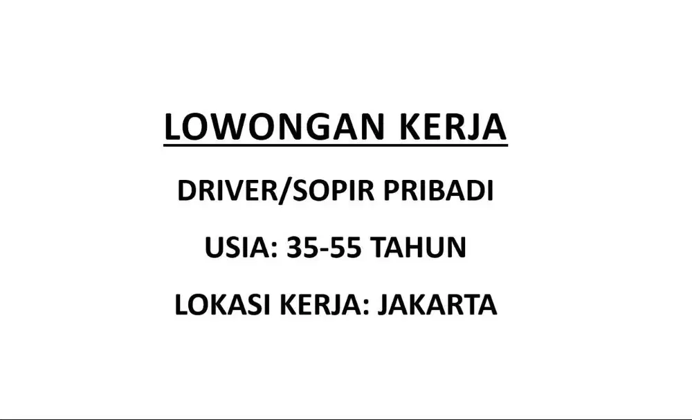 Lowongan Kerja Supir/Driver Pribadi