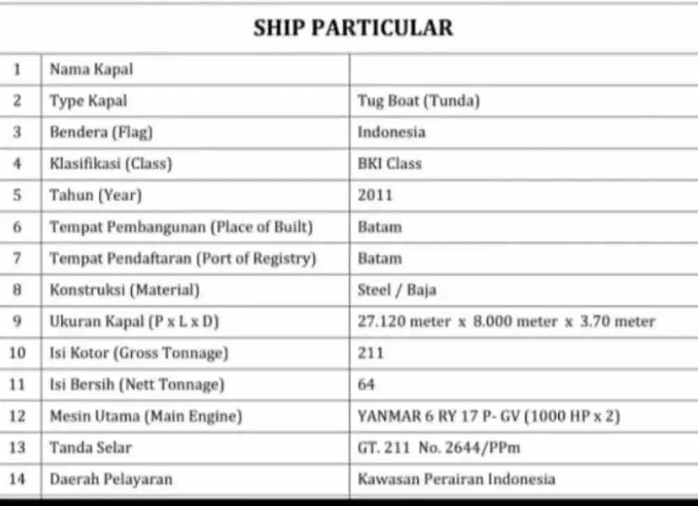 di jual tugboat tongkang 300ft 2011