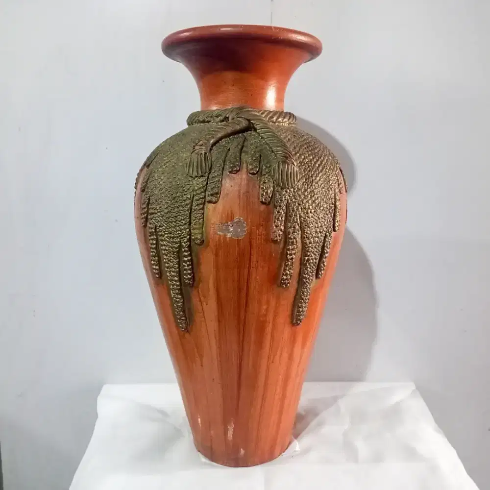 Vintage Guci Vas Gerabah Jumbo Warna Coklat Kayu Hias Motif Tali