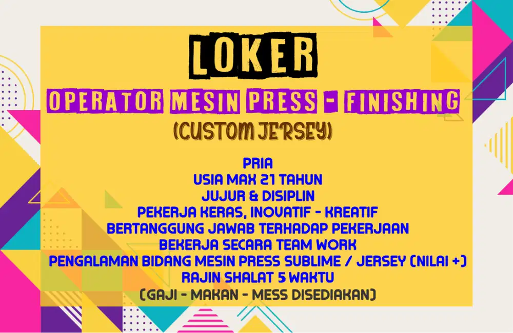 LOKER OPERATOR MESIN PRESS DAN FINISHING