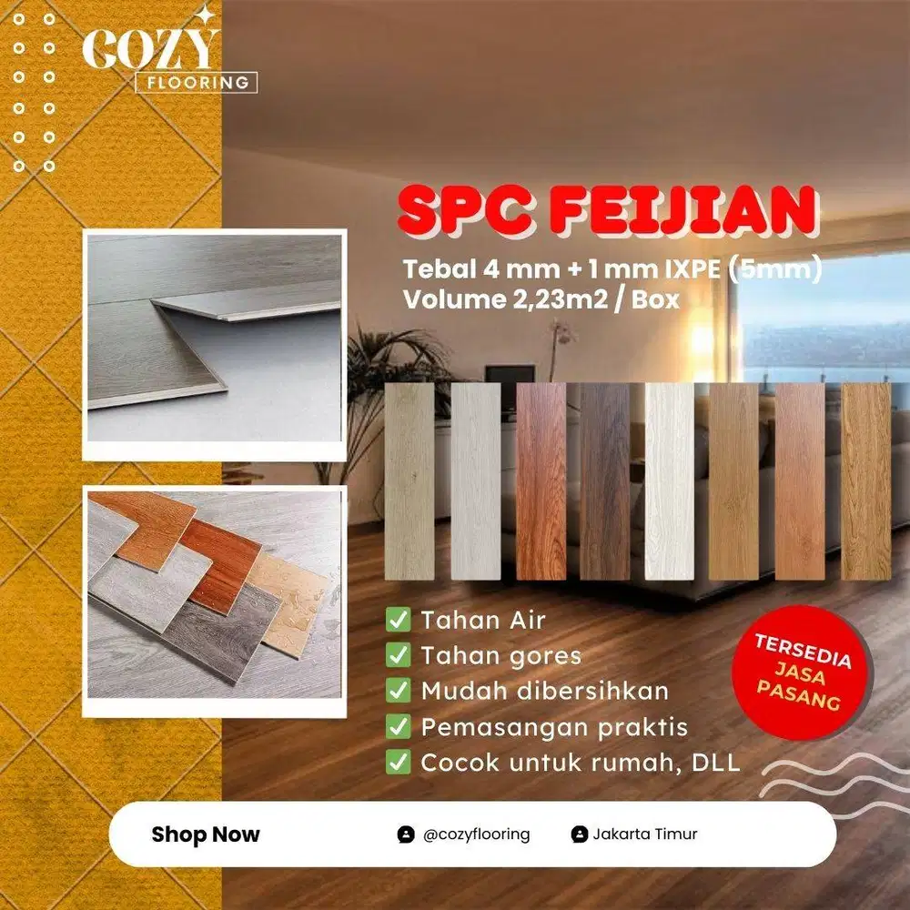 SPC Lantai Feijian motif wood serat kayu Tebal 5mm Tinggal Klik