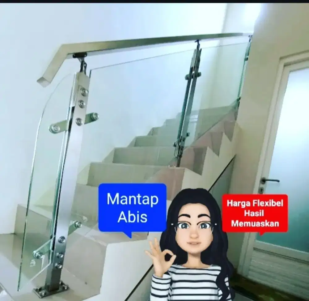 Railing Double Plat Cembung Kaca Hairline