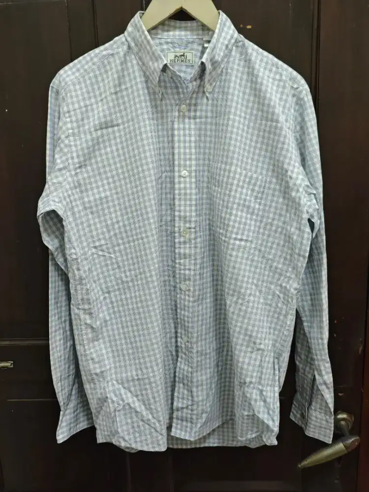 Hermes Men White Blue Checkered Long Shirt size 40 original authentic