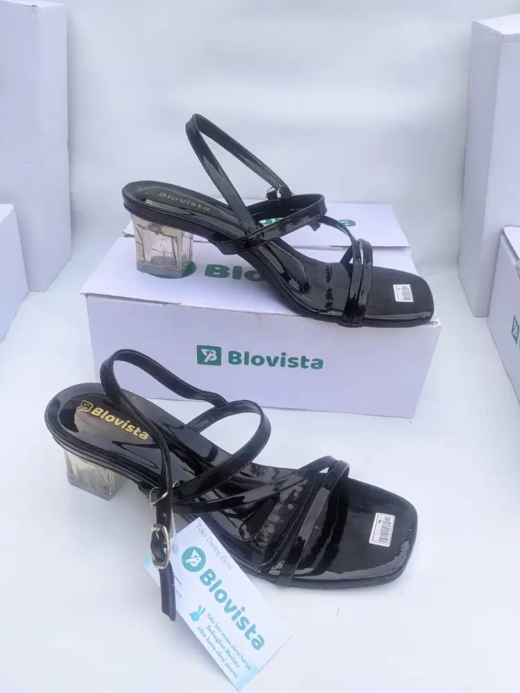 Blovista Sandal Block Heels Glossy Hitam | Hak Kaca Ankle Strap