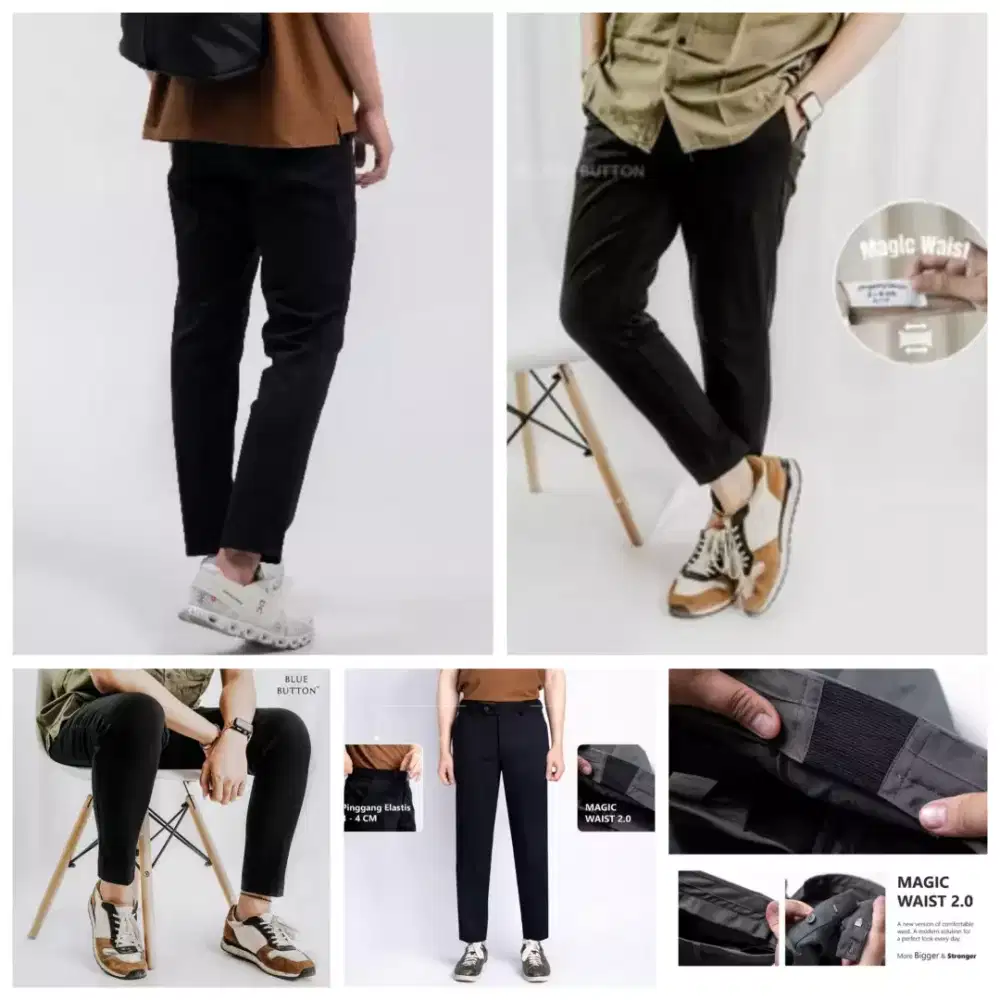 Celana Pria Blue Button Celana Slim Fit Ankle Pants Hitam Celana sz32