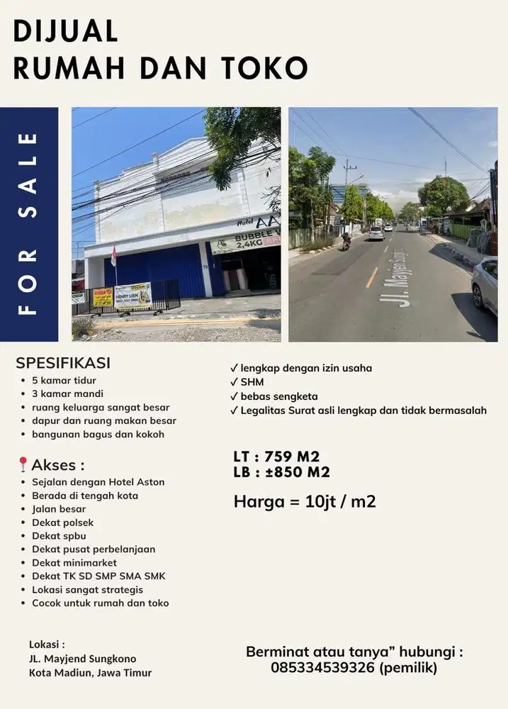 Dijual Rumah dan toko Madiun