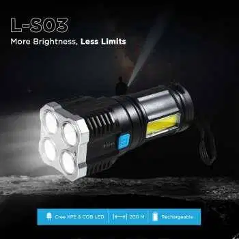 Senter LED 4 XPE COB Flashlight USB Rechargeable Waterproof