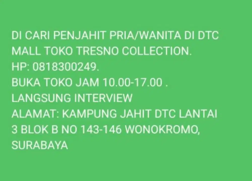 Dicari penjahit pria /wanita