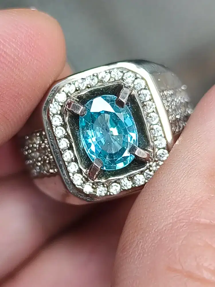 Batu blue zircon 1.90 carat ring perak memo MRI top kristal