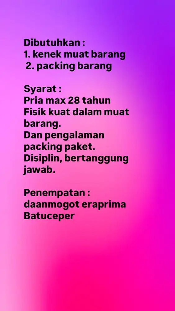 Dibutuhkan kenek muat barang dan packing paket