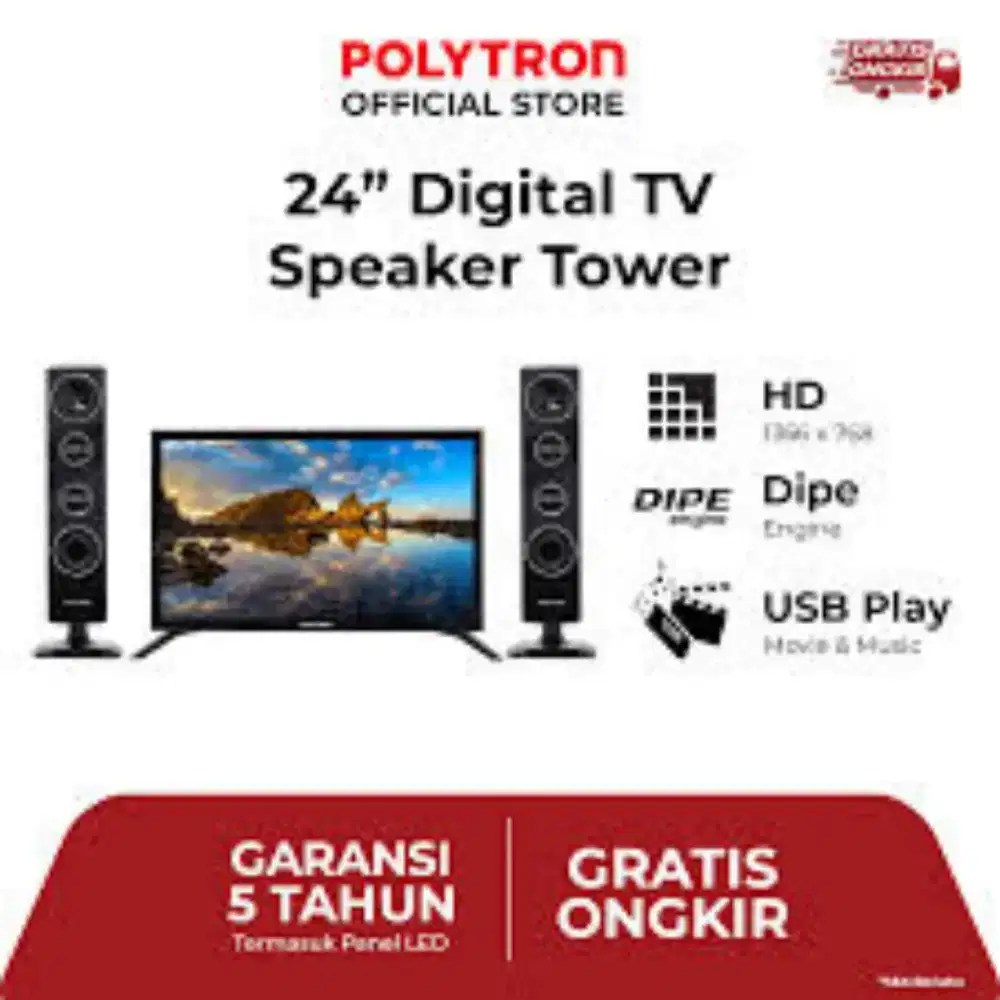 Led Tv Polytron 24 inc + Speaker Tower SMART  DIGITAL USB  FHD Mola Tv