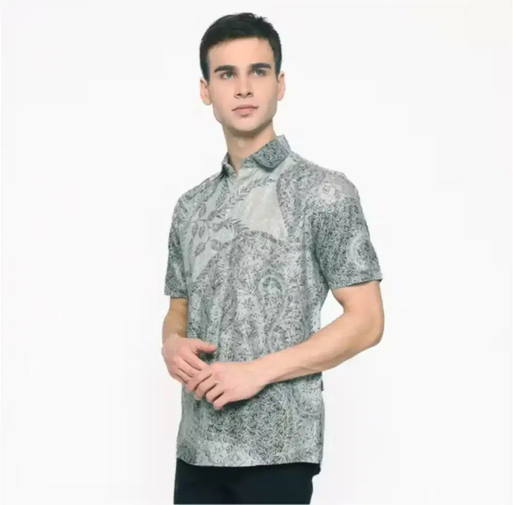 Kemeja Batik Pria Premium Pendek Size L Slim Fit Motif Hijau Sage