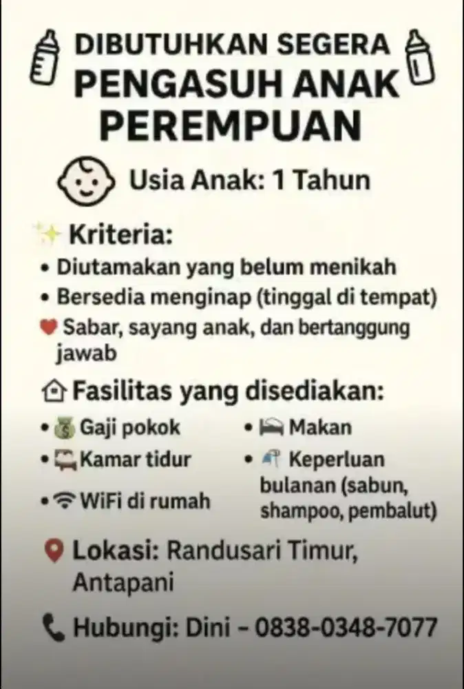 Lowongan pengasuh anak usia 1 tahun 5 bulan