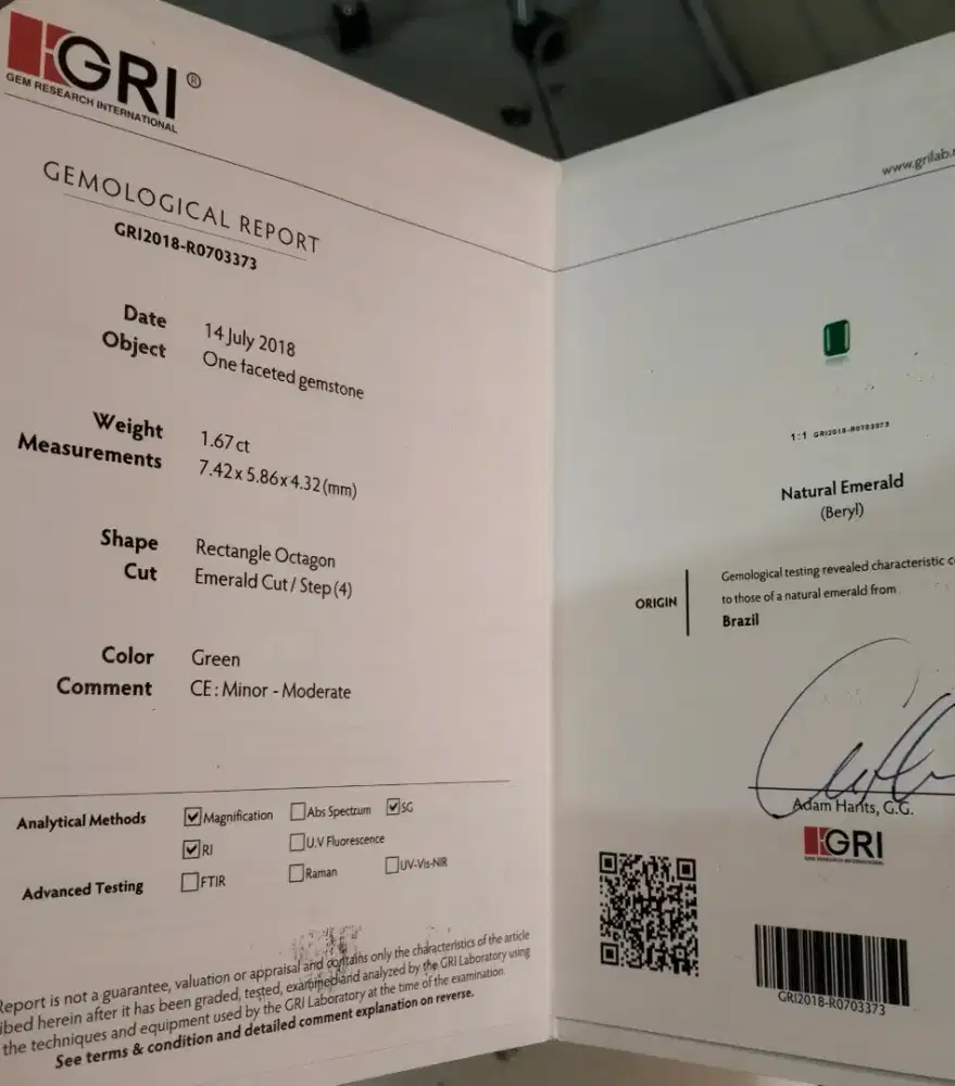 Emerald Jamrud Brazil Zamrud 1.67 ct Sertifikat GRI
