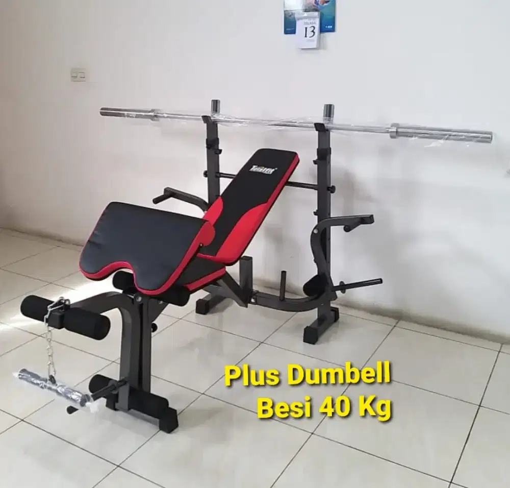 ALAT FITNESS BENCH PRESS SET LENGKAP STICK + DUMBELL 40 KG
