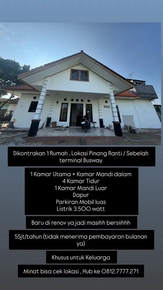 Disewakan Rumah 5KT , 2KM Lokasi strategis , bebas banjir di Jaktim